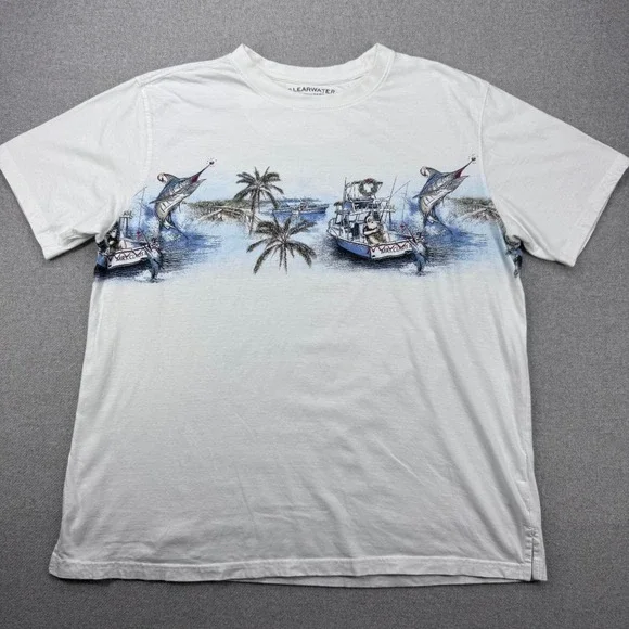 Clearwater Outfitters Christmas T Shirt Mens Large Santa Marlin Fishing Boat - Picture 1 of 11